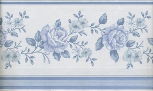 BLUE ROSES ON WHITE SILK WALLPAPER BORDER - Picture 1 of 1