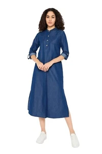 Denim Maxi Dress Women Long Shirt Dress Jean Top Collar Button Down Cover Up - Picture 1 of 9
