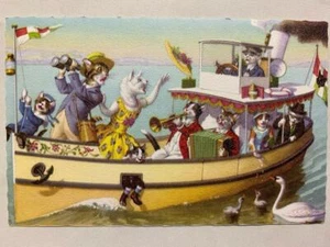 Vintage Alfred Mainzer Katzen Kätzchen Farbdruck Postkarte Belgien 4911 Boot Musical - Bild 1 von 2