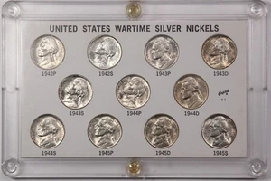 1942 to 1945 PDS Jefferson Silver War Nickel Set, 11 Coins, Gem BU, Vintage Case - Picture 1 of 2