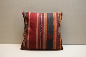 Vintage Turkish Kilim Pillow Cover Red Orange Beige Navy Striped 16x16 - Picture 1 of 5
