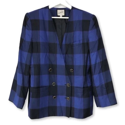 Vintage Jacqueline Ferrar Blue Black Plaid Double Breasted Blazer Size 16 Preppy - Image 1 of 4