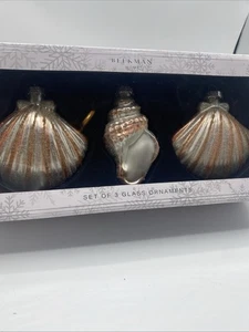 Beekman Home Glass SeaShells Ornaments Box Of 3. Glitter Shimmery - Picture 1 of 4