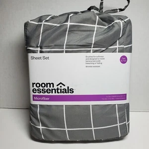 NEW- Room Essentials - Microfiber Sheet Set Gray/White Grid Twin/Twin XL - FAST  - Picture 1 of 3