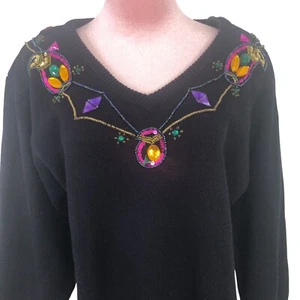 Vtg 90s Plain Jane by Sweet Baby Jane Sweater Dress Small Black Beaded Sequined - Picture 1 of 11