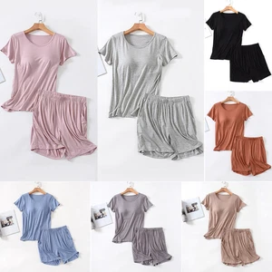 Damen Modal Pyjama Set Kurzarm Tops integrierter BH Shorts Nachtwäsche Pyjama US - Bild 1 von 26