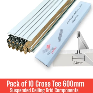 10x White Cross Tee Section 600mm x 24mm Suspended Ceiling Grid System Component - Picture 1 of 7