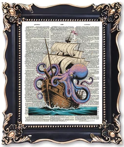 SIGNED Dictionary Wall Art Print Octopus N Ship Book  Picture Poster Wall Decor - Picture 1 of 4