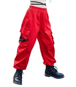 Rolanko Red Pants Kids Loose Jogger Cargo Trousers Street Hip Hop Dance 12-14 - Picture 1 of 6