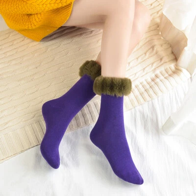 1 Pair Women Winter Socks Fluffy Faux Fur Top Comfort Boot Socks Fashion Hosiery - Image 1 of 4