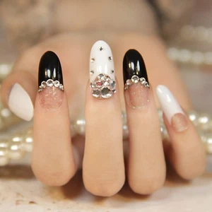 Falsche Nägel OVAL Lang Full Cover Schwarz Weiß French Maniküre Fake OL-682 - Bild 1 von 8