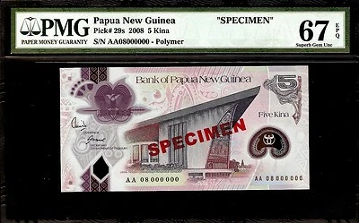 Papua New Guinea 5 Kina 2008 SPECIMEN PMG 67 EPQ UNC Pick # 29s  S/N AA0800000 - Image 1 of 2