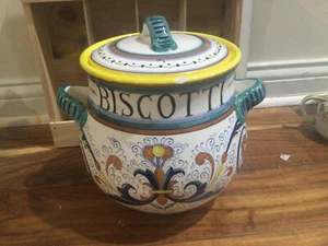 Deruta Italy Italian Pottery Raffaellesco Biscotti Jar Canister W HANDLES CHIPS - Picture 1 of 8