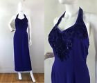 Vintage Purple Halter Gown Size 6 Small Beaded Evening Ankle Length Dress 1980s