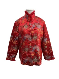 Vintage PLUM BLOSSOMS 70s Red Silk Satin Embroidered Asian Jacket Size XL NWT - Picture 1 of 9