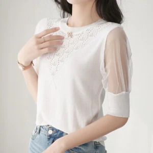 Lady Splicing Blouse Tops T-shirt Mesh Knitted Patchwork Half Sleeve Loose Basic - Picture 1 of 9