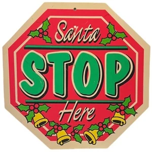 Santa Stop Here Christmas Bells Holly Yard Wall Barn Sign Weatherproof Vintage - Picture 1 of 8