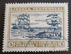 Liberia: 1923 - Liberia Centennial - 5c Blue Green and Olive - CTO Antique Stamp - Picture 1 of 2