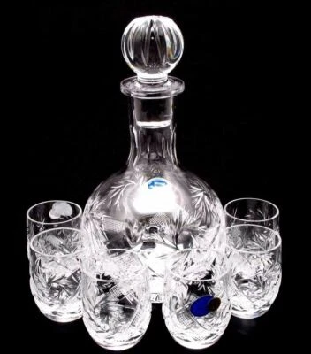 Russian Cut Crystal Glass Decanter & Set of 6 Vodka Liqueur Shot Shooter Glasses - Image 1 of 4