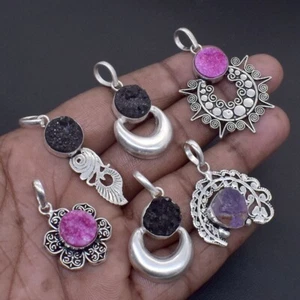 Sparkling Multi Druzy Pendant 6 Pcs 925 Sterling Silver Plated Jewelry 1.5" - Picture 1 of 4