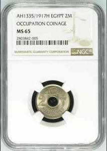 EGYPT 2 Milliemes AH 1335/1917 H MS 65 SULTAN HUSSEIN KAMIL Graded by NGC - Picture 1 of 3