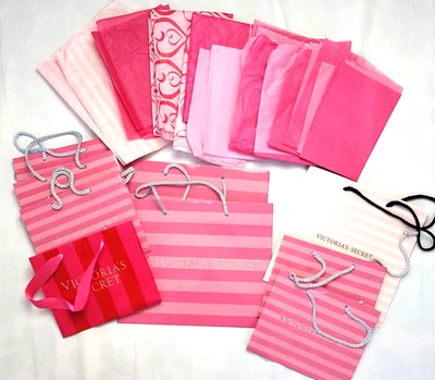 9 维多利亚的秘密纸质礼品袋套装粉色红色条纹丝带纸巾 — 第 1/4 张图片