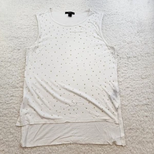 Forever 21 Tank Top Scoop Neck L White Gold Studs Hi Lo Slit Hem Rhinestones - Picture 1 of 8
