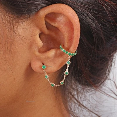 Zambian Emerald Drop Chain Cuff Earring In 14K Yellow Gold Handmade New Jewelry - Image 1 of 4