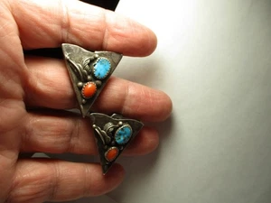 Sterling Silver Coral and Turquoise Collar Tips - Picture 1 of 7