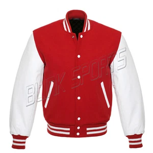 Unisex Letterman Baseball Varsity Bomber rot Wolle & weiß Lederärmel Jacke - Bild 1 von 3