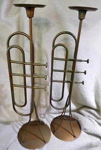 Music Instrument Candle Holder Set Floor Trumpet Christmas 24" TALL Gold Tone - Picture 1 of 7