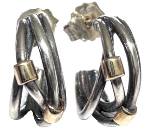 PANDORA Two Tone Intertwined Rope Hoop Earrings 14K Gold Silver 290263 Rare - Picture 1 of 6