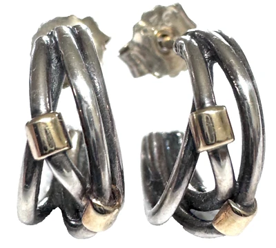 PANDORA Two Tone Intertwined Rope Hoop Earrings 14K Gold Silver 290263 Rare - Image 1 of 4