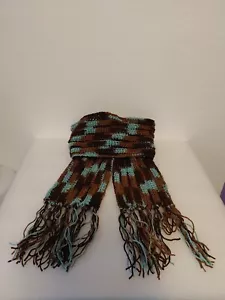 Handgefertigter gehäkelter gerippter Schal mit Fransen braun & blau Winter warm - Bild 1 von 2
