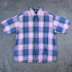 Gant Shirt Men Large Blue Pink 50% Linen Oversized Check Short Sleeve Button Up - Picture 1 of 11