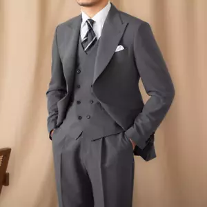 Tuta Uomo Alta Qualità Slim Fit 3 Pezzi per Matrimonio Business Picco Tute Bavero - Foto 1 di 4