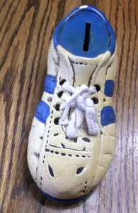 Vtg Enesco Tennis Shoe Sneaker Ceramic Money Bank Teal Yellow  7" W/out Stopper - Picture 1 of 4