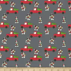 Disney Mickey Mouse Christmas Red Truck on Gray Cotton Fabric BTY 36" x 43" - Picture 1 of 1