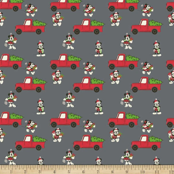 Disney Mickey Mouse Christmas Red Truck on Gray Cotton Fabric   BTY    36" x 43" - Image 1 of 1