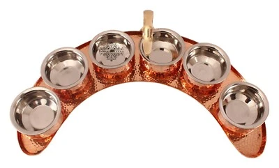 Hammered Design Copper Half Moon Shape Tray with 6 Serving Sauce Pots Set of 1 - Image 1 of 4