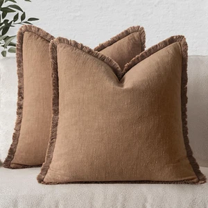 Decorative Throw Pillow Covers Neutral Linen Fringe Throw Pillows Euro Shams Set - Picture 1 of 12
