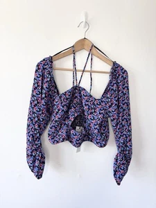 New Zara Women’s Multi Flower Print Cropped 3/4 Sleeve Top Size Large - Picture 1 of 4