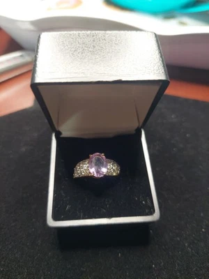 Genuine Oval Amethyst CZ Pave Birthstone Ring Gold Plated Sz 5 - Image 1 of 4