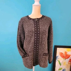 Cathy Daniels Cardigan Sweater Womens XL Gray Fuzzy Studded Full Zip Pockets T02 - Picture 1 of 9