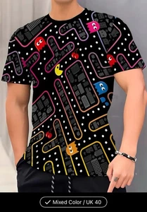 Retro Gaming Pac-Man Inspired Black And Multicoloured Crew Neck T-shirt Large - Picture 1 of 3