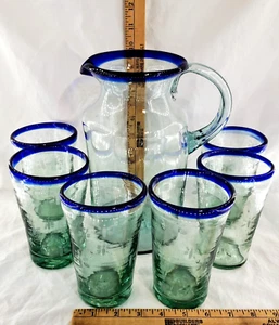 Mundgeblasener mexikanischer Glas Krug geätzt Schmetterling blauer Rand 6 Trinkgläser - Bild 1 von 24