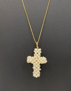 Freshwater, Cultured Pearl Cross Necklace w/14K Gold Box Chain 11 inches - Picture 1 of 13