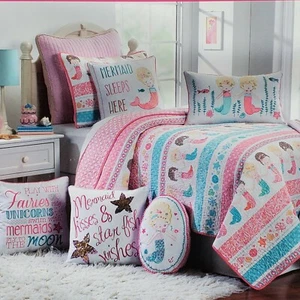 8pc MERMAID TWIN QUILT MERMAIDS & Sheets & Throw Pillows Pink Teal Brand NEW - Picture 1 of 12