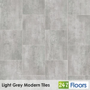 Light Grey Modern Tile Effect Vinyl Flooring Feltback Lino Roll Kitchen Bathroom - Picture 1 of 4