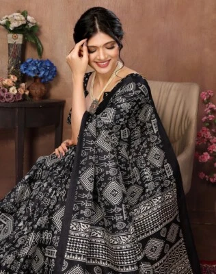 Sari de seda artístico impreso para uso diario (negro) Foto 1 de 4